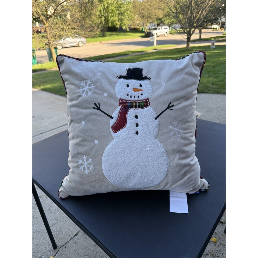 Christmas Mister Snowman Reversible Decor Pillow 16 X 16 Multicolor Red Plaid